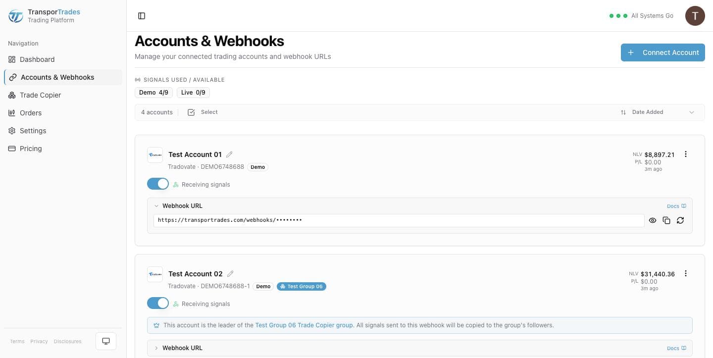 Accounts screen with several connected accounts, each showing its own webhook URL and the regenerate control