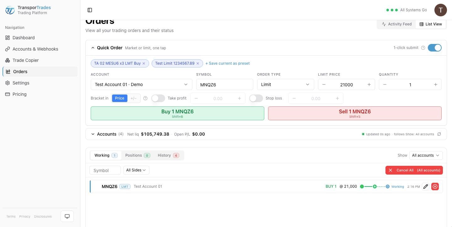 A working order row with Edit order and Cancel order both visible