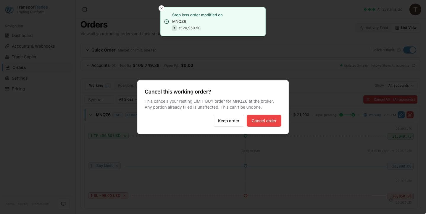 The cancel confirmation dialog for a working order