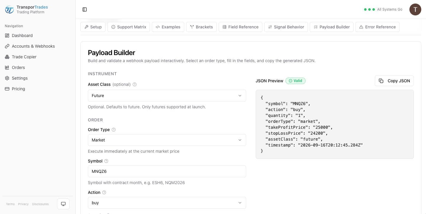 The Payload Builder with a generated JSON payload and its inline validation visible