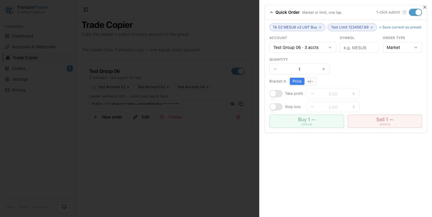 The Quick Order ticket open from a group card, with the Trade Copier group selected