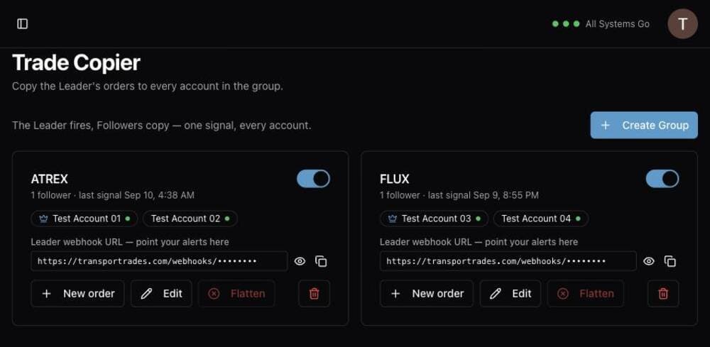 Trade Copier page with two copy groups, Leader and Follower chips, and group actions